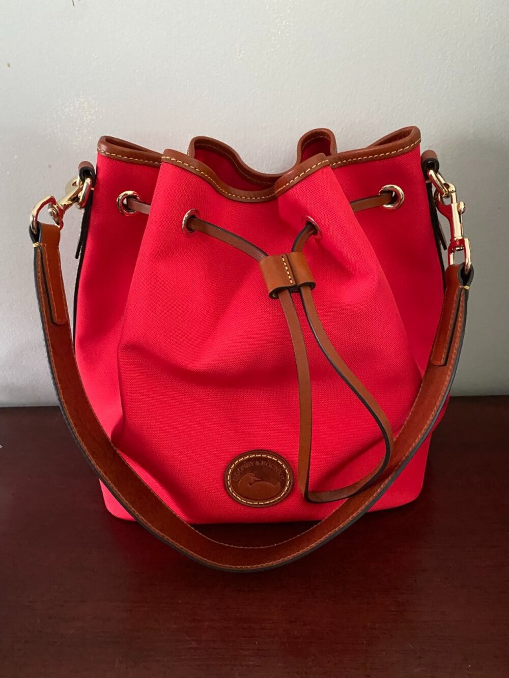 Dooney & Bourke Red Canvas w/Tan Leather Trim Drawstring Bucket Bag